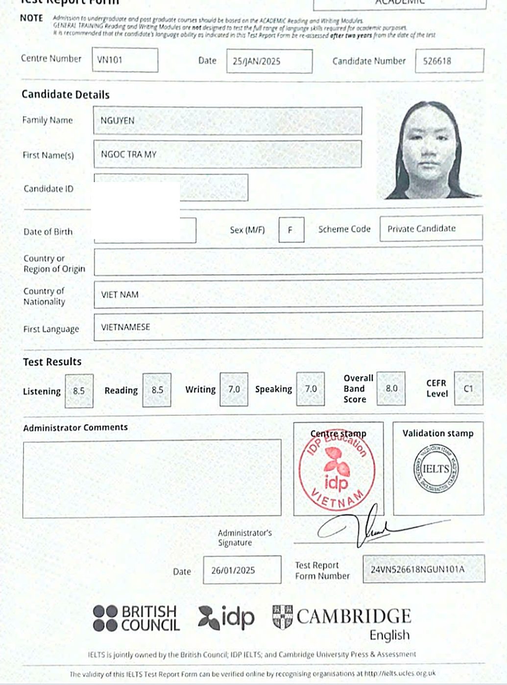 Bảng điểm IELTS học viên 6
